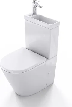 "A toilet with an integrated sink that sits on top of the cistern."