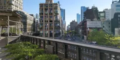 "A photo from the highline looking along a Manhattan Street."