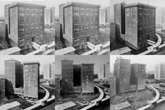 A sequential image showing the in-situ rotating of the entire Indiana Bell Building in 1930.