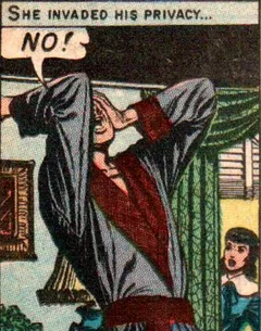 Comic book panel showing a man looking distressed and a woman peeping in at him through a window. It has the caption “she invaded his privacy”. The man screams “No!”